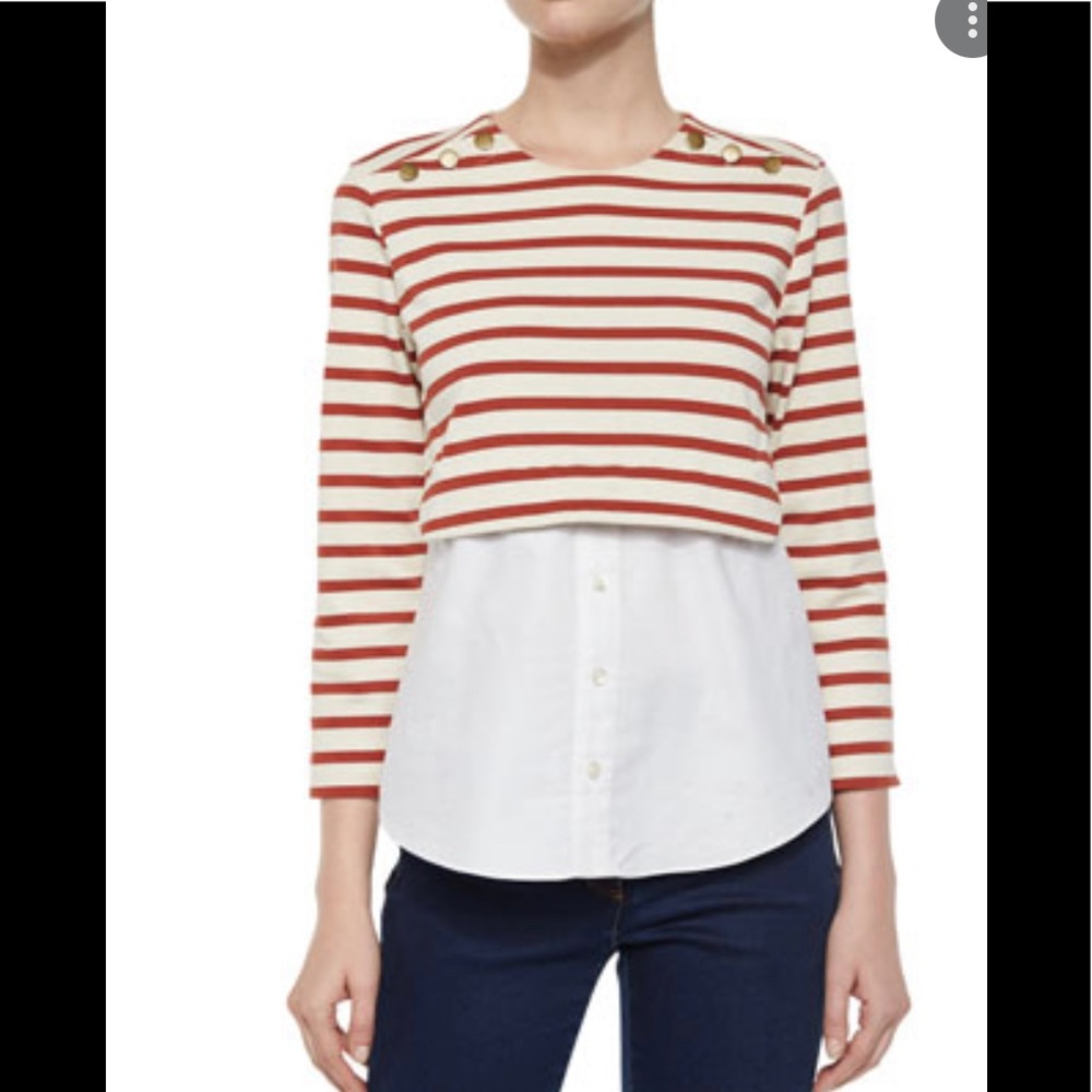 Veronica Beard Anchor Striped Jersey and Cotton Poplin Blouse Red Size L…